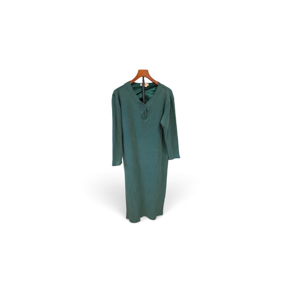 Vtg 90s Eddie Bauer Green Waffle Knit Henley Maxi Dress Long Sleeve Cotton sz M